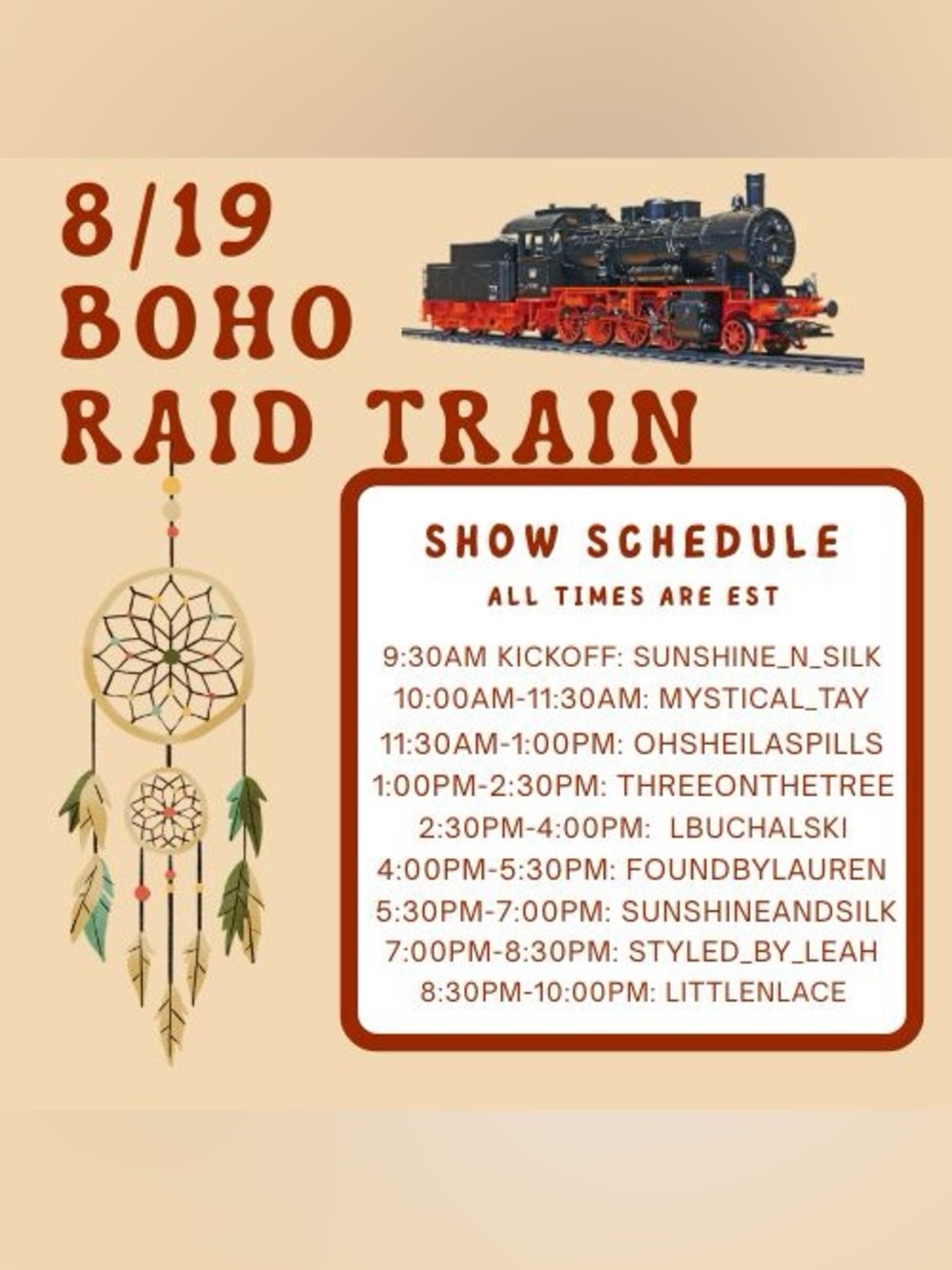 8/19 Boho Girls Raid Train!! 🚂‎ ✨ Like This To Be Notified!